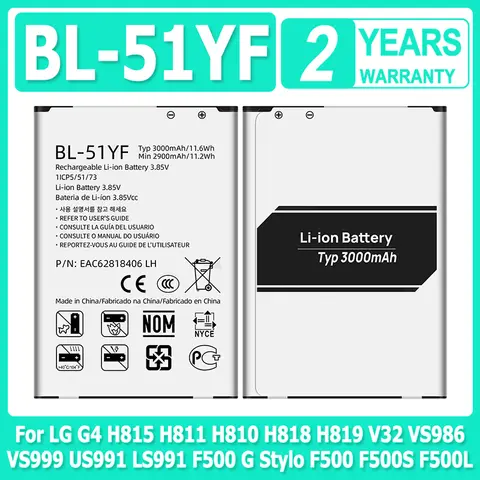 1Pcs BL-51YF New  Battery For LG G4 H815 H811 H810 H818 H819 V32 VS986 VS999 US991 LS991 F500 G Stylo F500 F500S F500L Battery