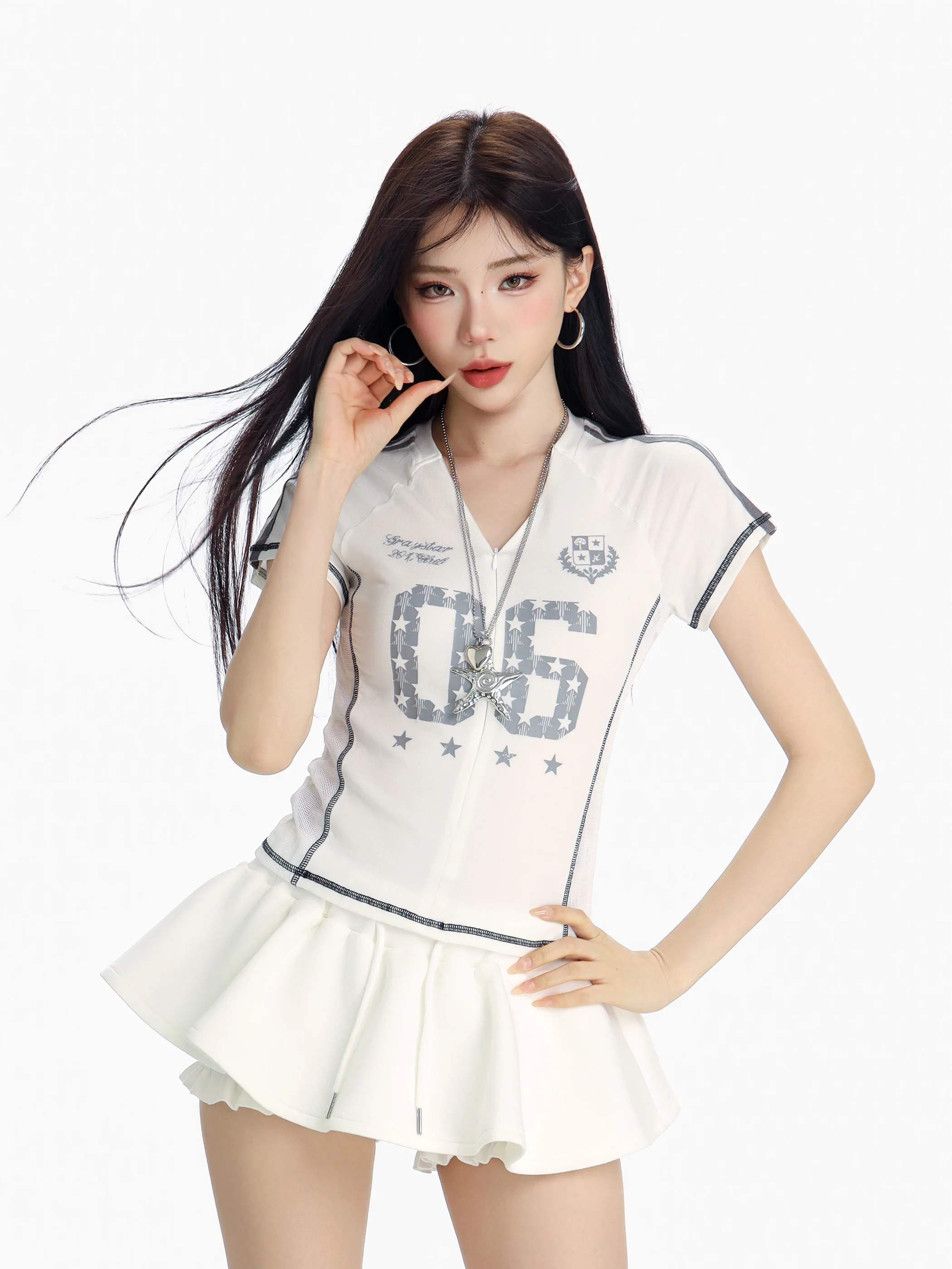

Slim Fit Short Sleeve T-Shirt Women's Summer Sport Style Print Zipper Casual Vintage Fashion High Waist V-Neck Breathable