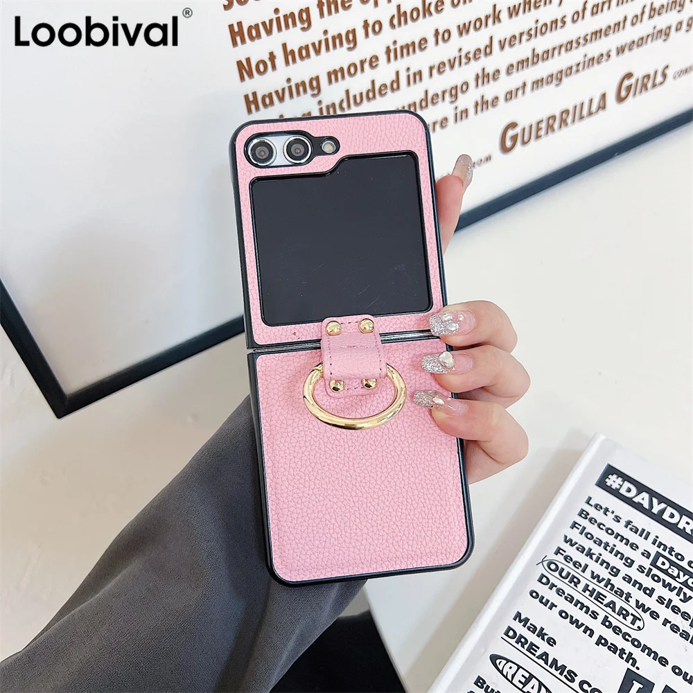 Luxury Lychee Patterned Leather Phone Case for Samsung Galaxy Z Flip 5 Zflip 4 3 ZFlip5 Z Flip3 Flip4 Plating Ring Bracket Cover