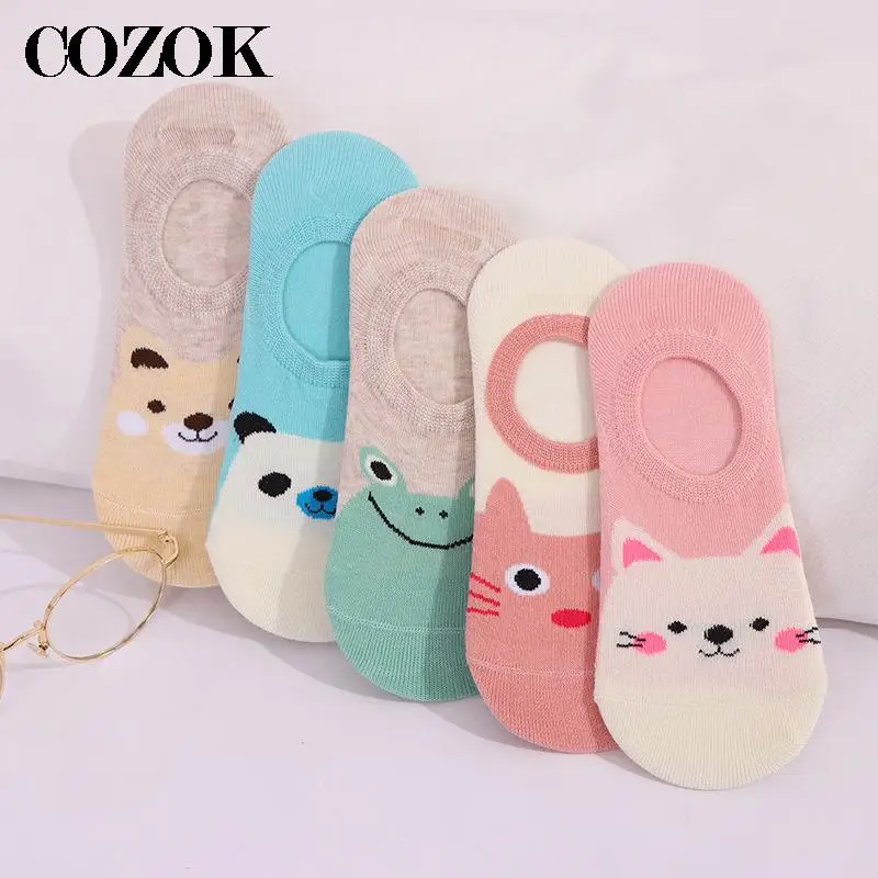 

10 шт. = 5 пар/лот, невидимые короткие женские носки с яркими животными, летние удобные хлопковые женские носки до щиколотки для девочек, женские низкие носки