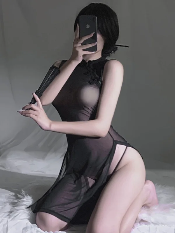 속옷 섹시한 얇은 Qipao 클래식 유니폼 투명 드레스 우아한 스탠드 칼라 블랙 하이 슬릿 드레스 밑단 민소매 QBC4