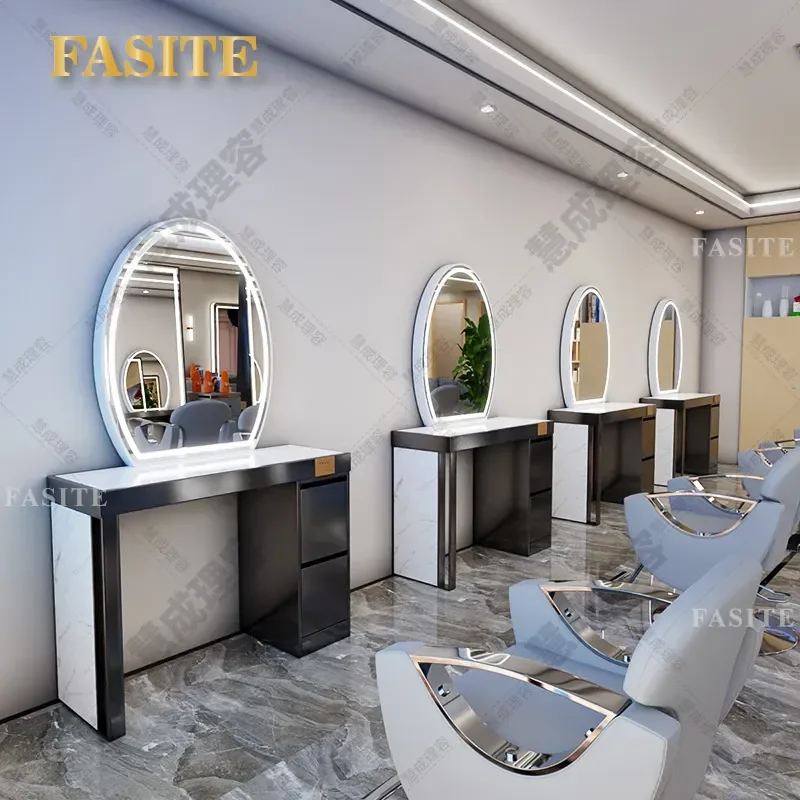 For Hair Stainless Steel Marble Mirror Table High End Barber Shop Cutting Perm Dyeing Station Modern Vanity Desk