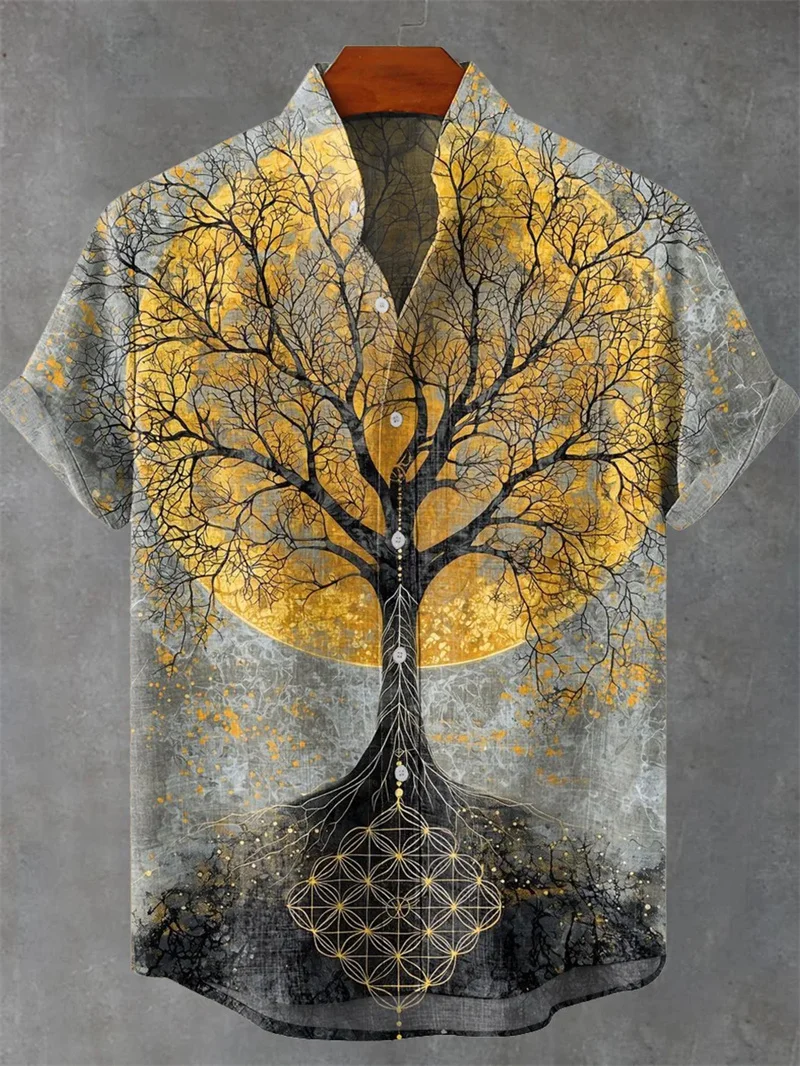 قميص رجالي قصير الأكمام بتصميم عتيق على الطراز العرقي لأشعة الشمس والشجرة، قميص كتان كاجوال بطباعة موجة فنية،