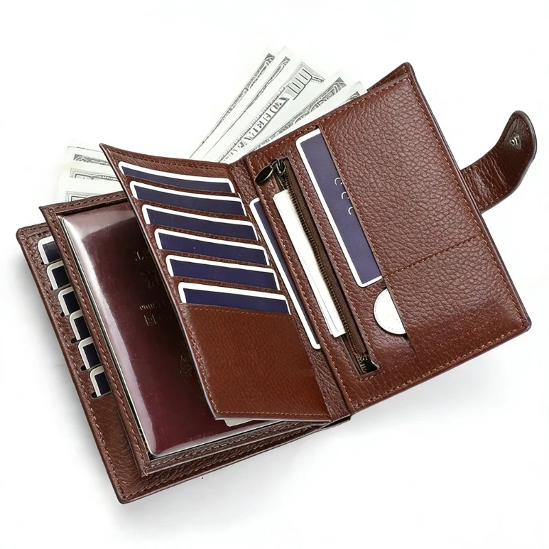 

Мужской и женский кожаный кошелек для паспорта, большой вместимости, с множеством отделений для карт, карманом на молнии для монет, защитой от RFID, клатч, надежный органайзер для путешествий