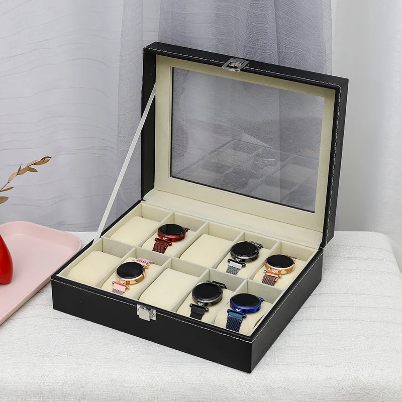 WELLZONE Classic 2/3/4/5/6/10/12 Posistions PU Leather Watch Display Box With Lock Dustproof Watch Storage Case Collector