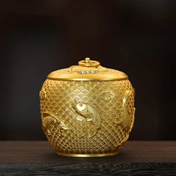 Pure Brass Koi Fish Tea Can Jar Sugar Coffee Candy Storage Container High-grade Moisture-proof Sealed Green Black Tea Can Gifts