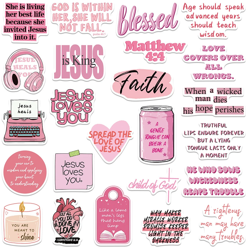 

10/30/50pcs Pink Bible Christian Cartoon Stickers Jesus Loves You Graffiti Sticker Water Bottle Notebook Phone Decals Wholesale