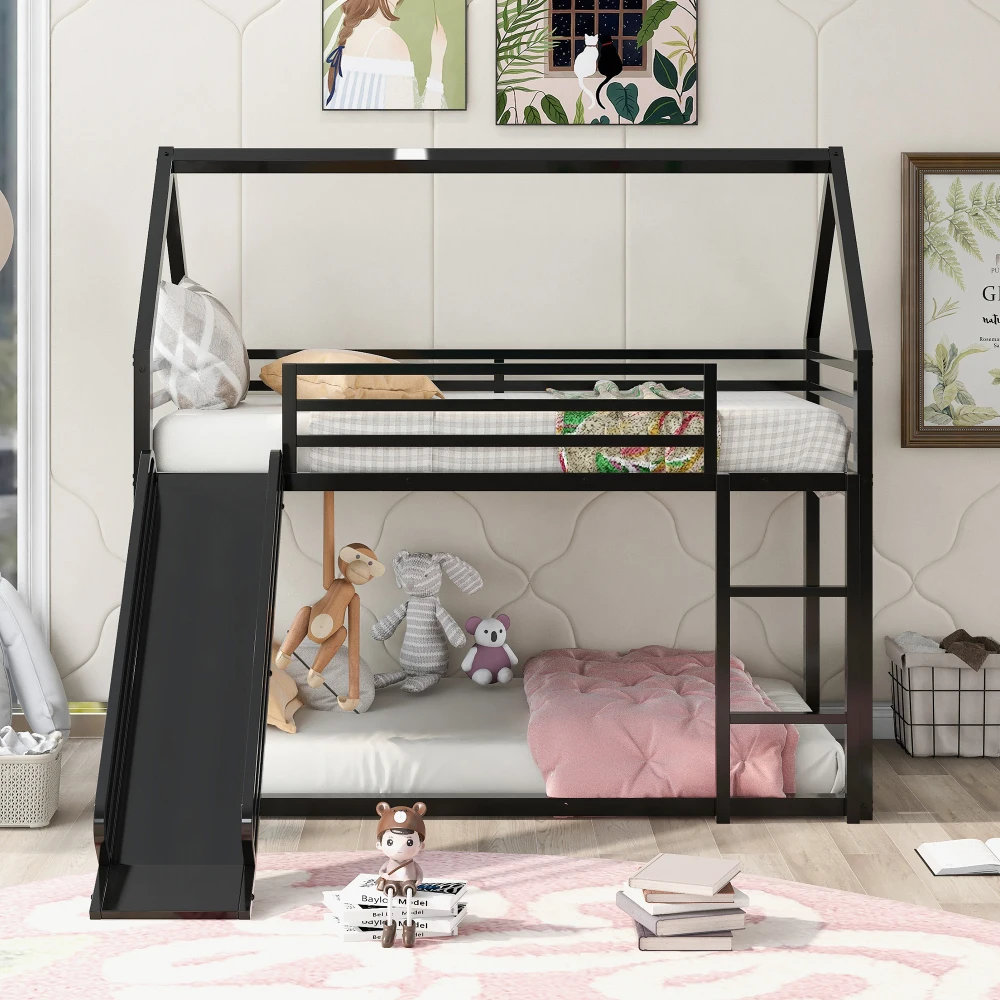 Children Beds Twin Over Twin House Bunk Beds with Built-in Ladder,White Twin Bunk Beds Kids Bed Baby Furniture Bed for Boys US