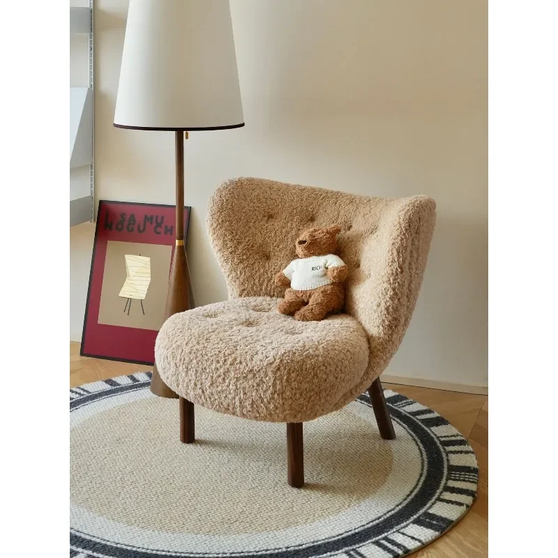 Lamb wool single sofa chair designer wabi sandy wind solid wood leisure single chair sofa