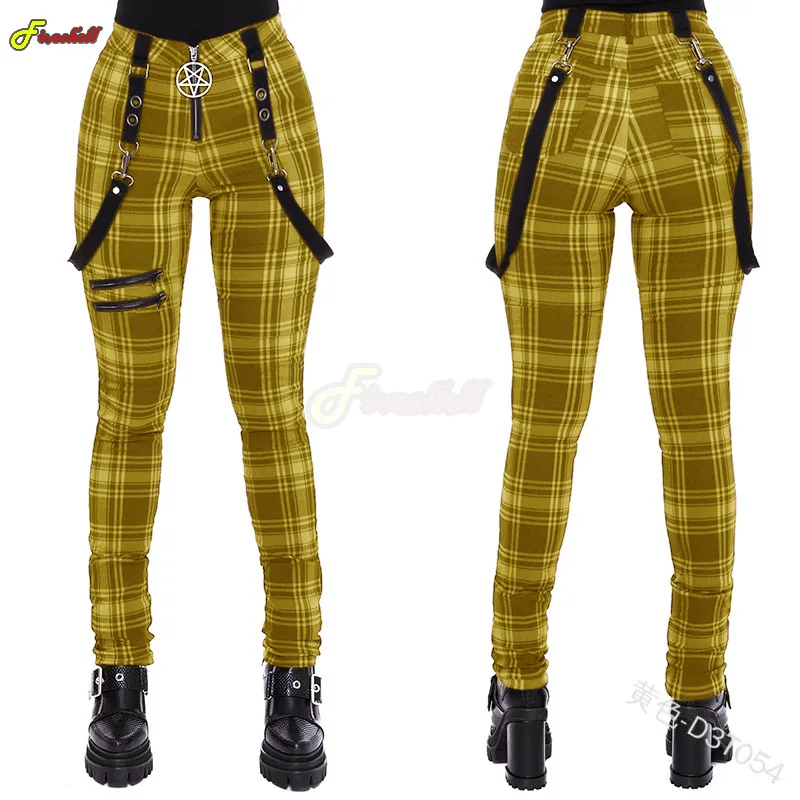 Pantalon à carreaux gothique taille haute pour femme, pantalon punk, streetwear médiéval, olympiques cosplay, fermeture éclair Y2k, pantalon long,