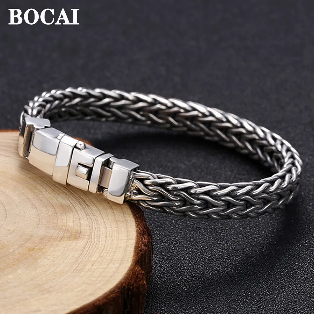 BOCAI New Solid s925 Silver Men's Bracelet Fashion Punk and Personality Handmade Buckle Retro Ethnic Style Free Shipping