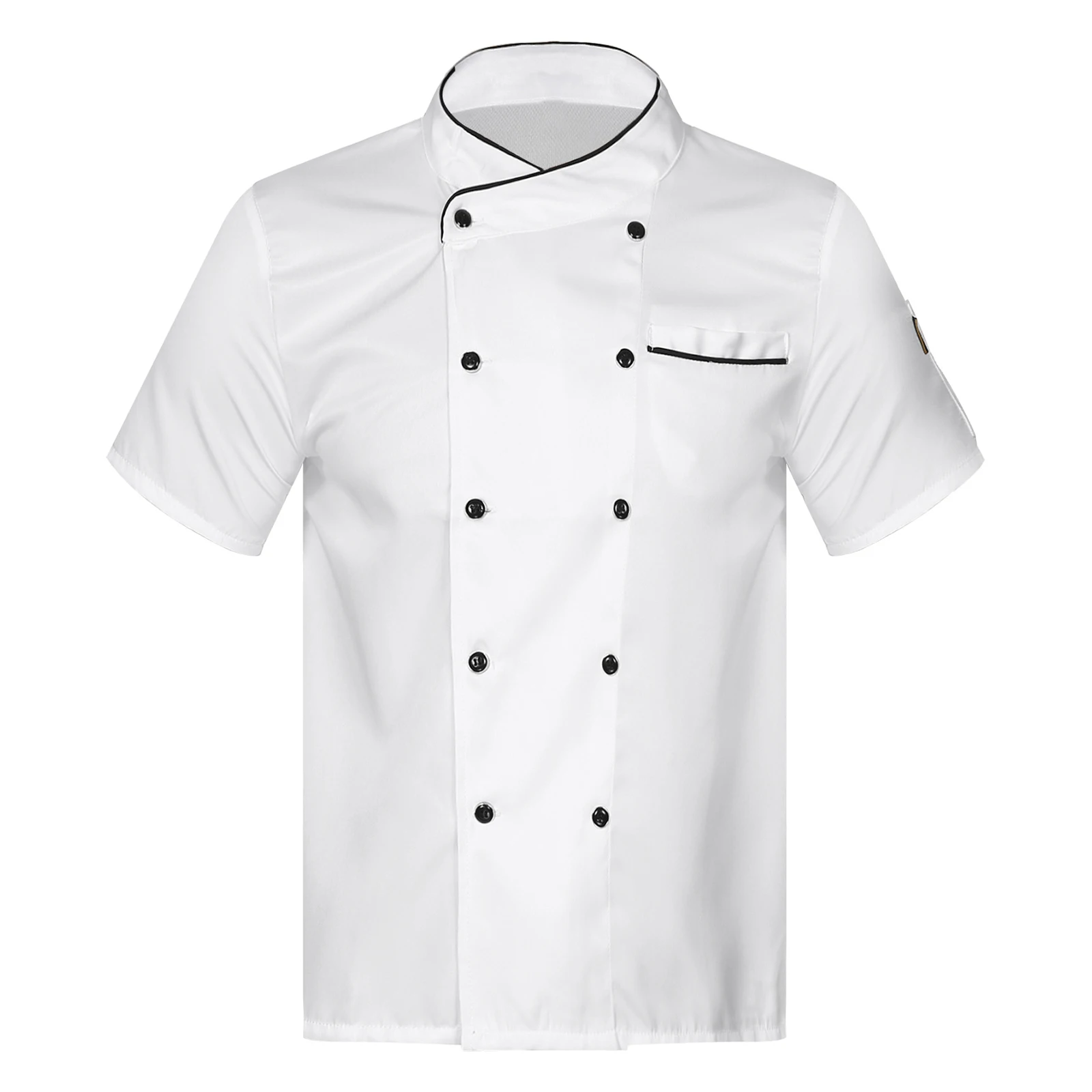 

Mens Womens Kitchen Work Uniform Unisex Double-Breasted Chef Coat Contrast Color Trimming Cooks Jacket Hotel Restaurant Canteen