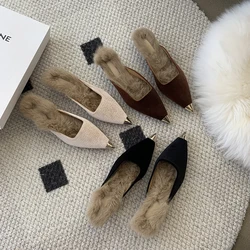 Flock Women Slides Slippers Pointed Toe Outside Slides Thin Low Heels Beige Brown Black 2023 New Arrivals Casual Dress Sheos 39