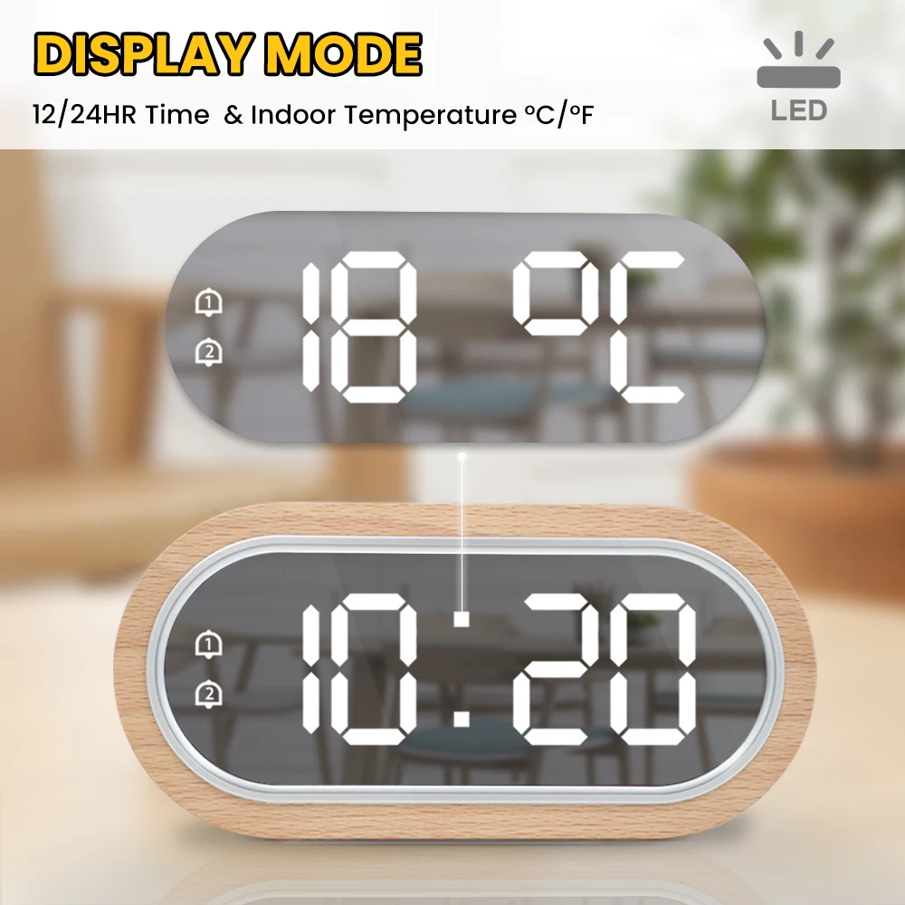 Orologio digitale sveglia Snooze termometro da tavolo caricatore elettronico USB specchio a LED orologio in legno soggiorno orologi da scrivania AAA