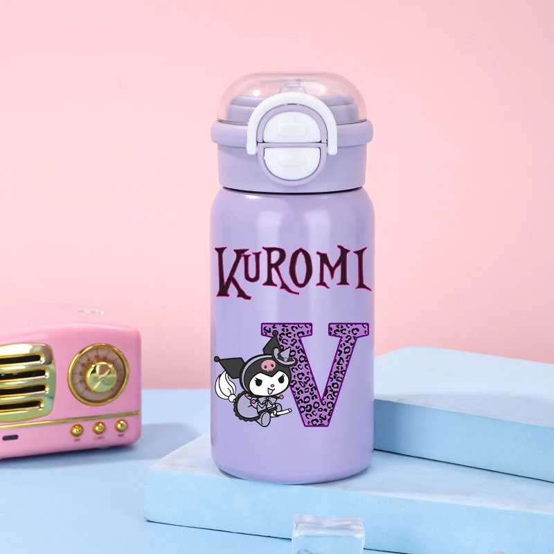 Kuromi Thermos 500ml niñas invierno Anime letra A-Z botella de agua con pajita niños al aire libre taza de vacío mujeres Oficina taza de café regalo