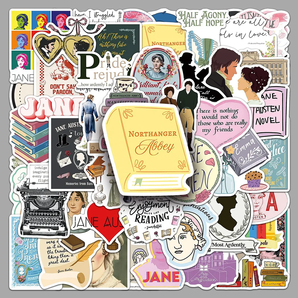 50 Stück Cartoon Jane Austen Graffiti-Aufkleber aus PVC-Material, Kinderspielzeug, Scrapbook, Wasserfeste Partydekoration, Geschenkaufkleber