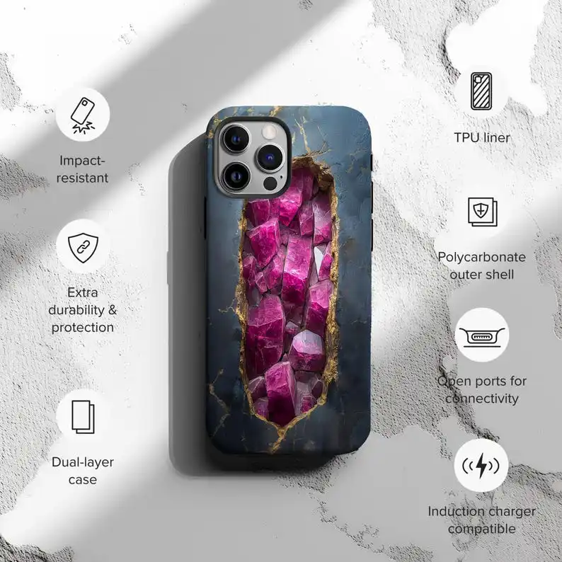 Ruby Crystal Shard Gemstone Phone Case For IPHONE 16 15PRO MAX 14 13 12 11 Acrylic TPU Two in one magnetic Phone Cases