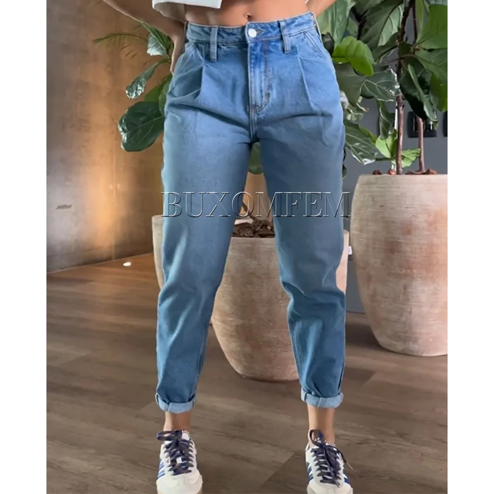 Calça jeans azul lavada para mulheres, cintura alta, perna reta, quadris envoltos, calça diária casual, nova calça elegante de outono, roupa de mulher, 2024