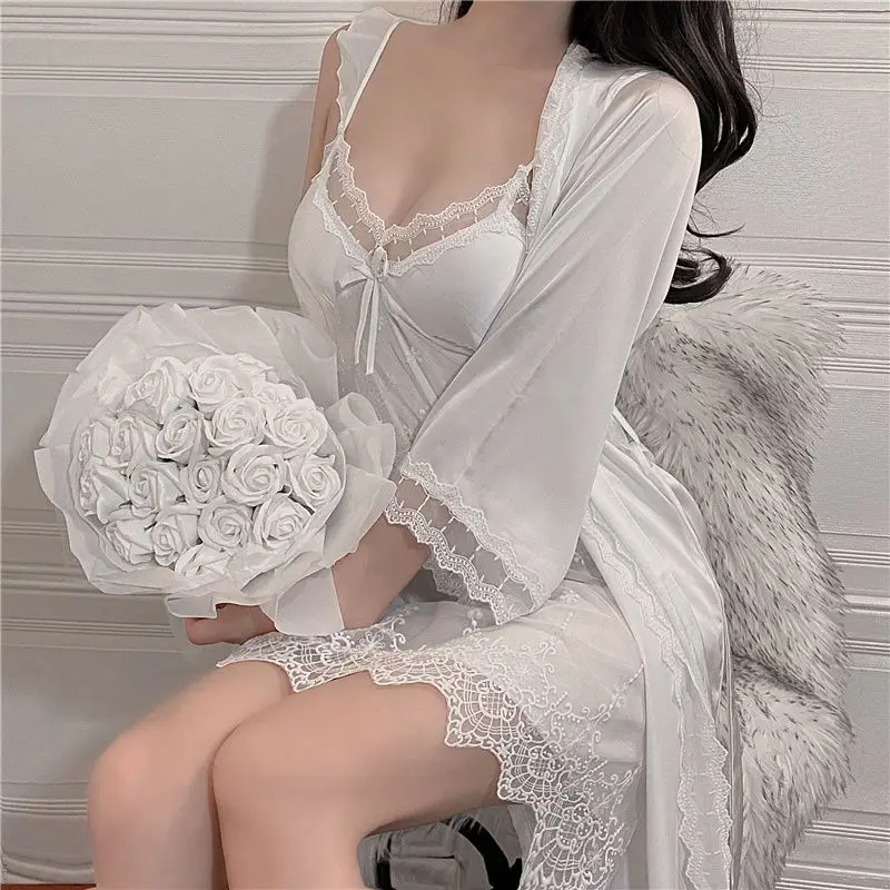 Spring Summer Ladies Lace Sexy Pajamas Breast Cushion Famale Sleepwear Two-piece Set Slip Nightdress Ice Silk Thin Homewear Suit