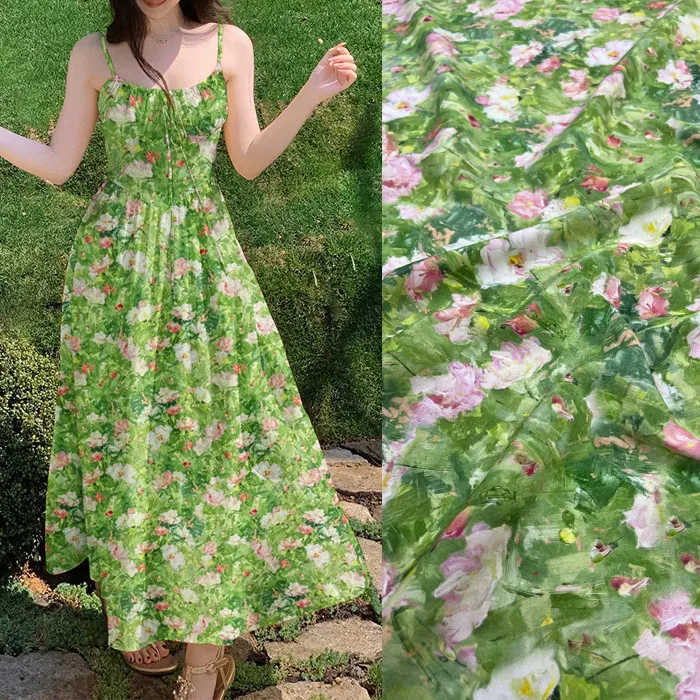 

Green And Pink Delicate Floral Print Silk Stretch Crepe De Chine Fabric Mulberry Silk Material For Dresses Blouse