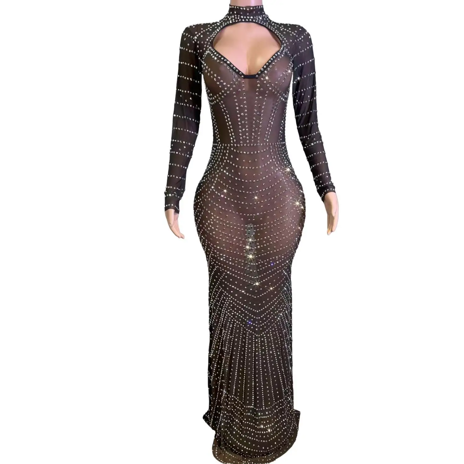 

Sparkly Rhinestone Mesh Sexy Dress for Women Birthday Party Nightclub Prom Evening Long Dress Stage Costume Transparent Heiyuyan