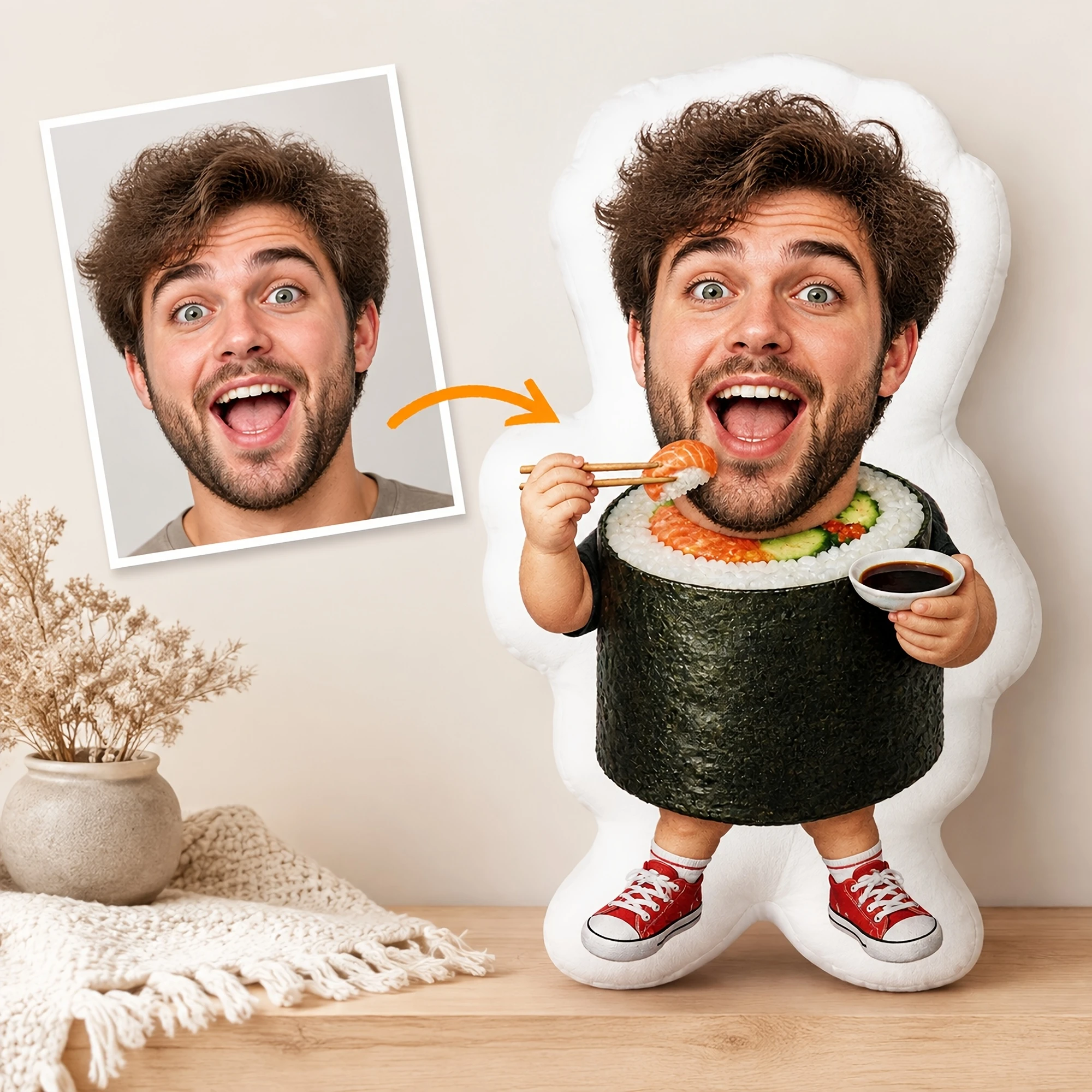 1pc Custom Double-Sided Printed Creative Funny Shaped Throw Pillow, Personalized Face Sushi Roll Cushion for Home Sofa Bedroom D