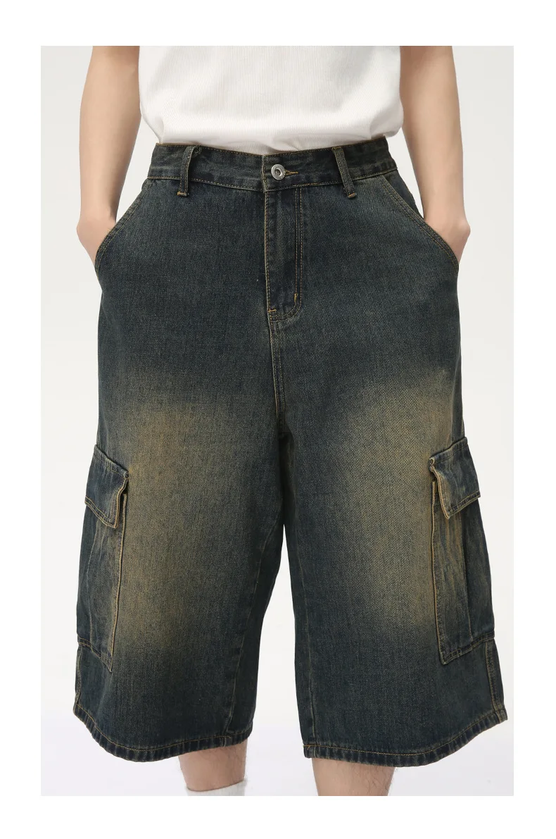 

American Style Men's Denim Shorts Multi-pocket Cargo Trousers Solid Color Washing Chic Straight Leg Male Bottom