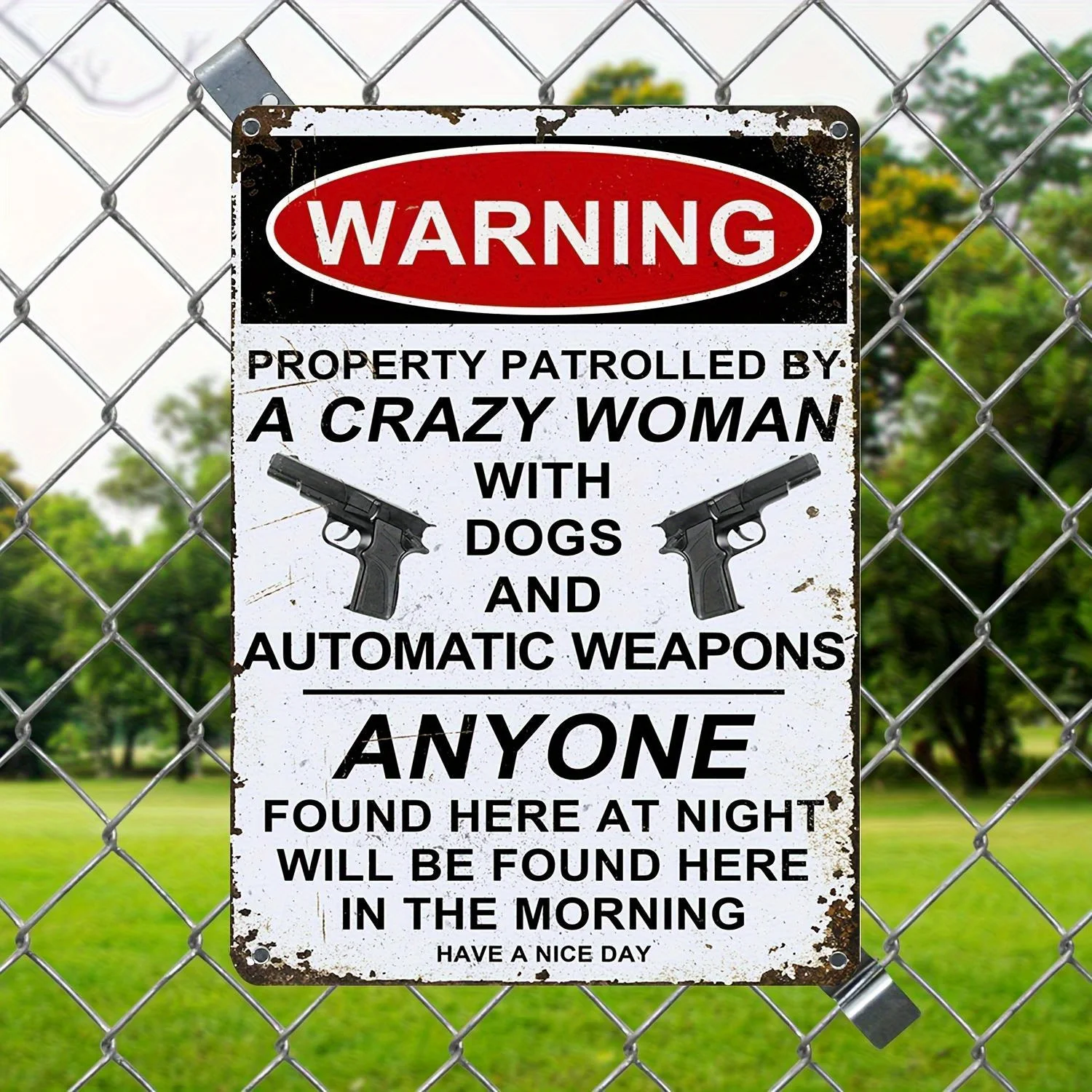 ,  Funny Crazy Woman Warning Sign - Vintage Metal Tin Plaque with Gun Graphic Private Property Security Decoration Heavy-Dut