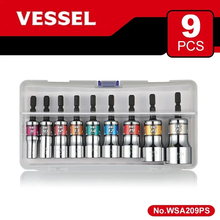 Genuine VESSEL WSA209PS 9 PCS Hard Forged Sockets Set A/F8-24 Socket Adapter Nut Removal Tools Electrician Tools