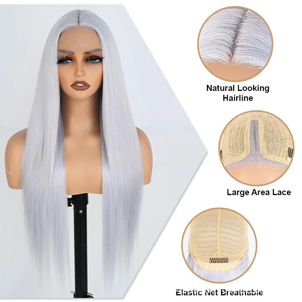28 32Inch Light Blue Gray Straight Wig T Part Lace Hand Tied Heat Resistant Synthetic Fiber Glueless Wig for Daily Party Cosplay