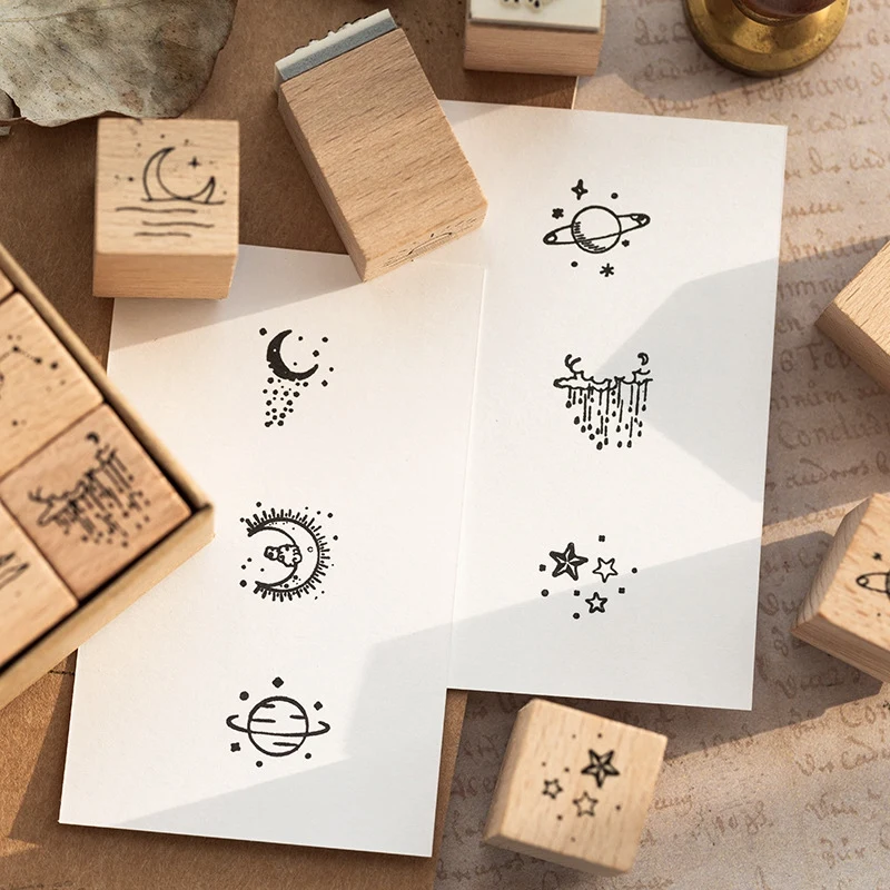 16Pcs/Lot Vintage Planet Moon Cloud Decoration Stamp Wooden Rubber Stamps For Scrapbooking Stationery DIY Craft Standard Stamp