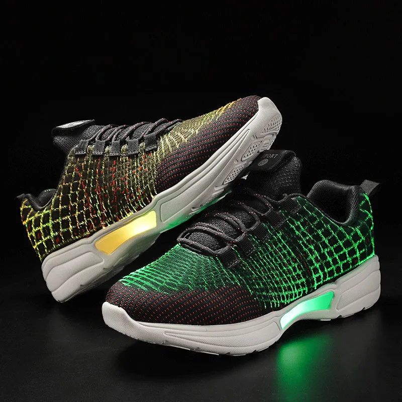 Fashion LED Shoes Light for Men LED Light Up Sneakers USB Recharging Fiber OPTIC Cloth Elastic Sole Glowing Luminous Flashing