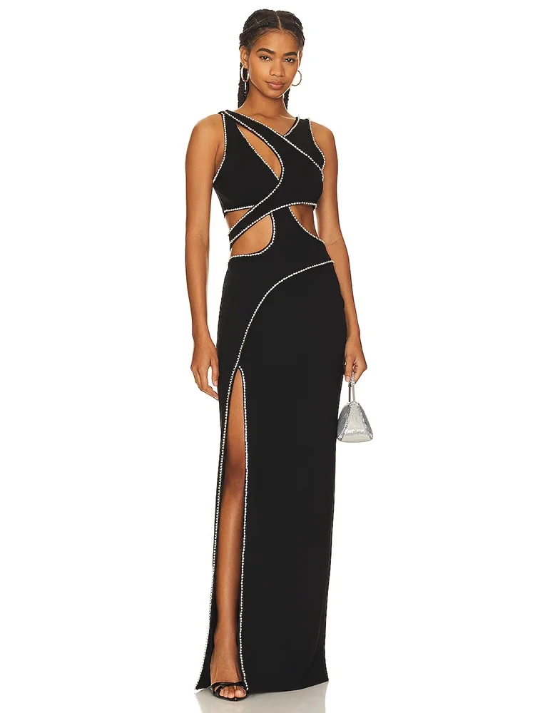 

BEVENCCEL 2024 New Summer Women's Sexy Sleeveless Hollow Beaded Black V-neck Side Split Tight Long Dress Evening Celebrity Dress