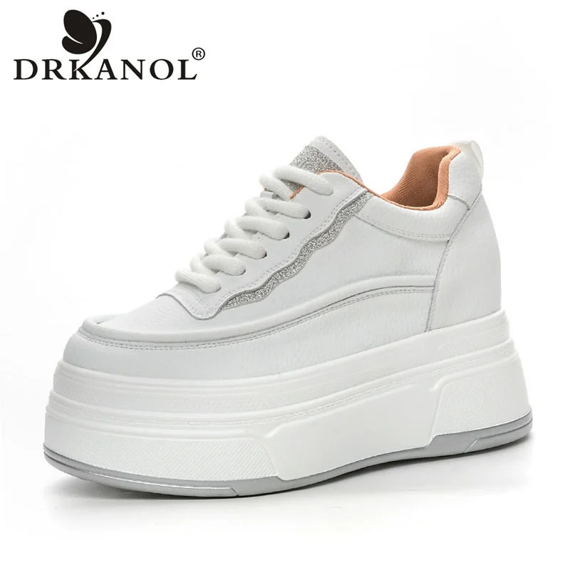 DRKANOL 2026 Women Wedges White Casual Shoes Split Leather Round Toe Thick Sole Height Increasing 9cm Mixed Color Platform Shoes