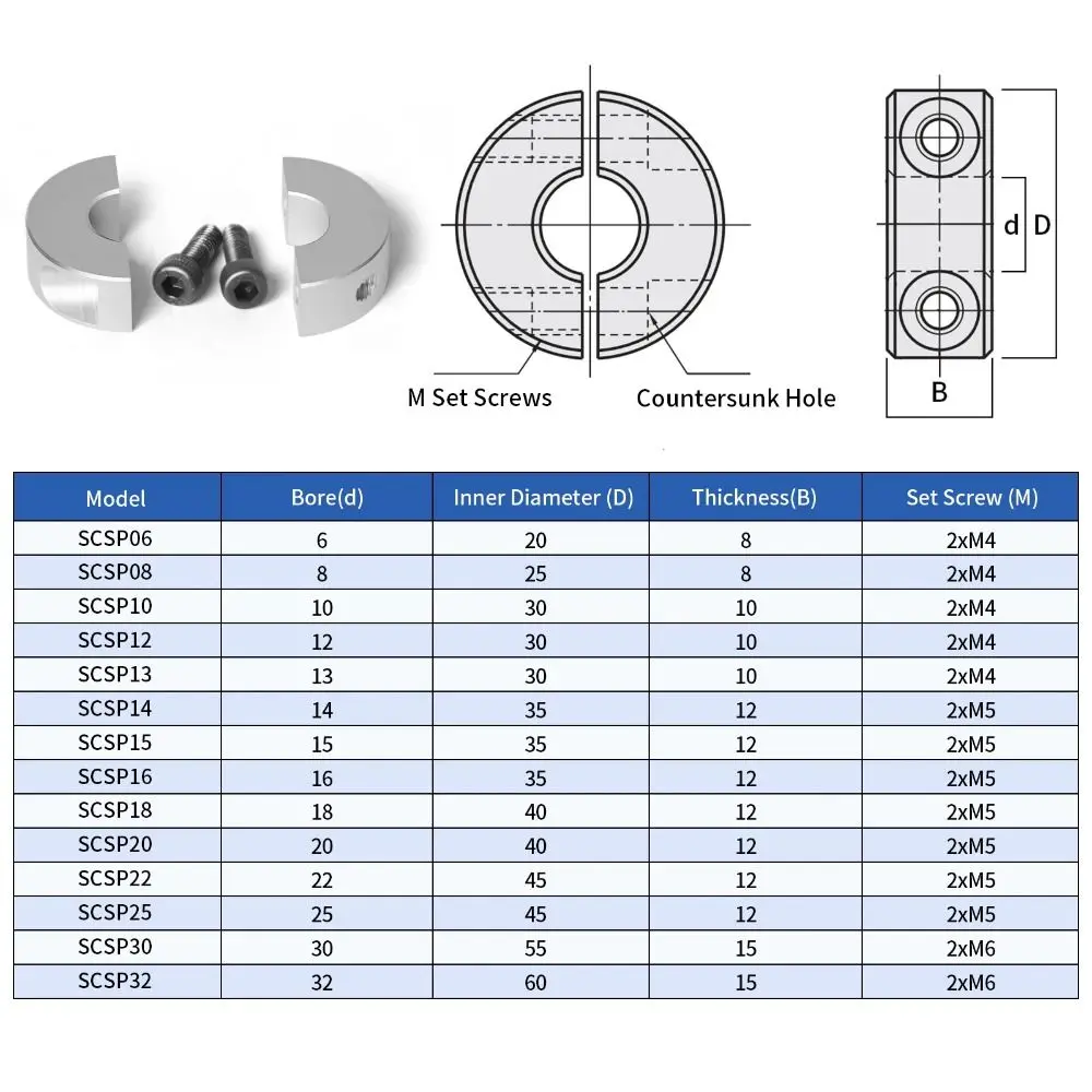Open Type Aluminum Alloy Separate Optical Axis Fixed Locking Limit Rings Clamp Collar Double Split Clamp-Type Collar with Screws