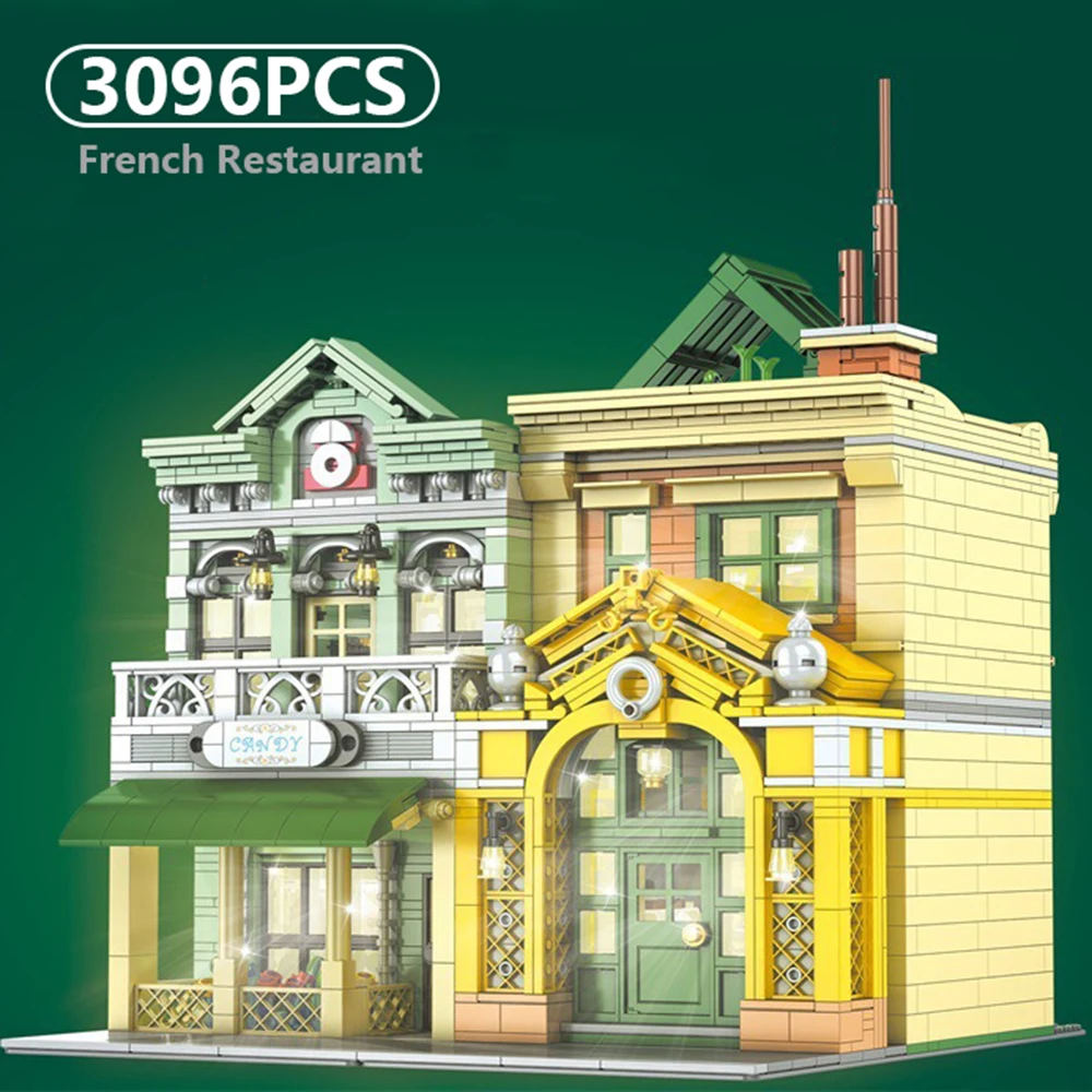 Bloques de construcción de restaurante francés con vista de calle arquitectónica, modelo de ensamblaje de luz LED, rompecabezas de aprendizaje, juguete para exhibición de regalo para niños