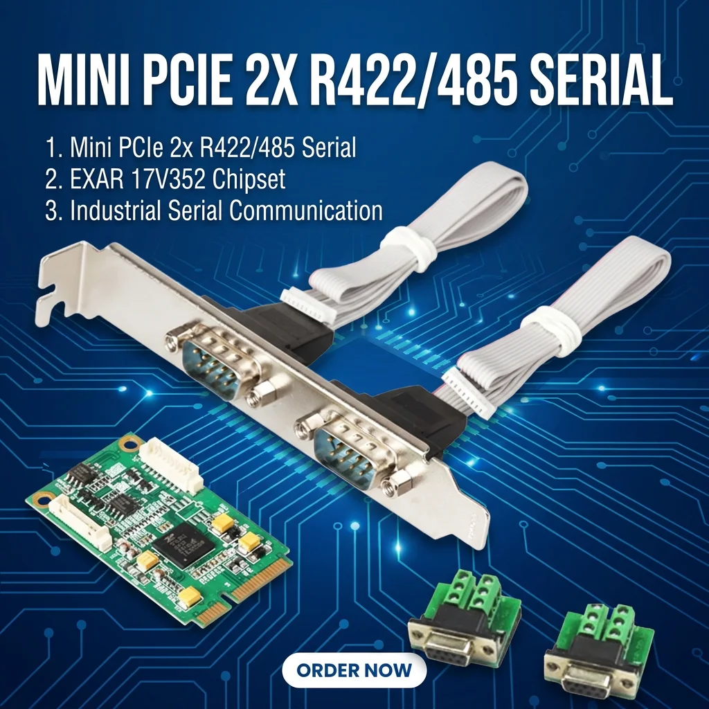 Mini PCIe to 2-Port RS422 RS485 Industrial Serial Card 921.6Kbps EXAR Chipset 600W Surge 15KV ESD Protection