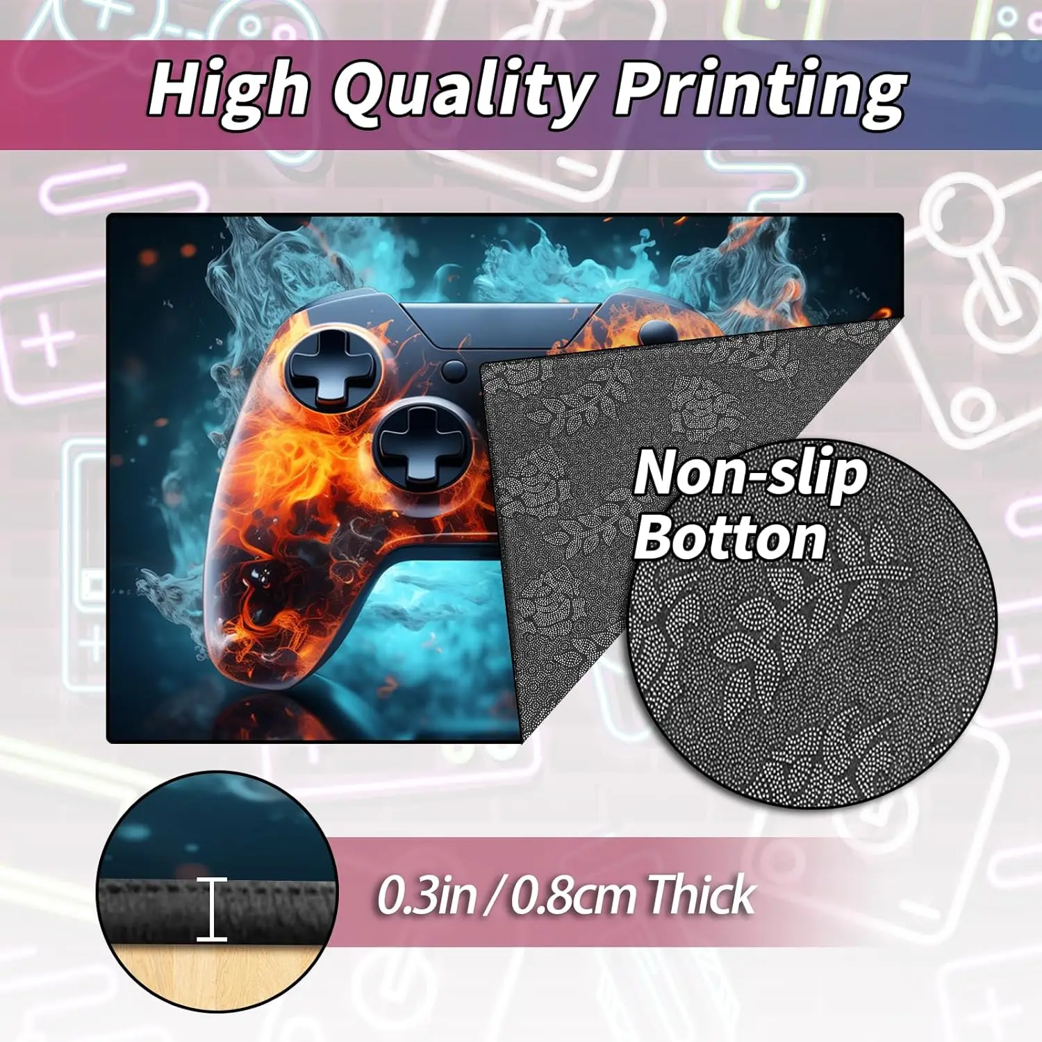 سجادة منطقة الألعاب للأولاد المراهقين، تصميم وحدة التحكم في ألعاب Fire with Flames Gamepad لغرفة الألعاب، غرفة الألعاب، غرفة نوم الأولاد والبنات