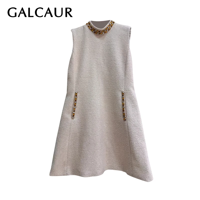 

GALCAUR Elegant Pathwork Diamond Sundresses For Women Round Neck Sleeveless High Waist Spliced Zipper A Line Dress Female Autumn