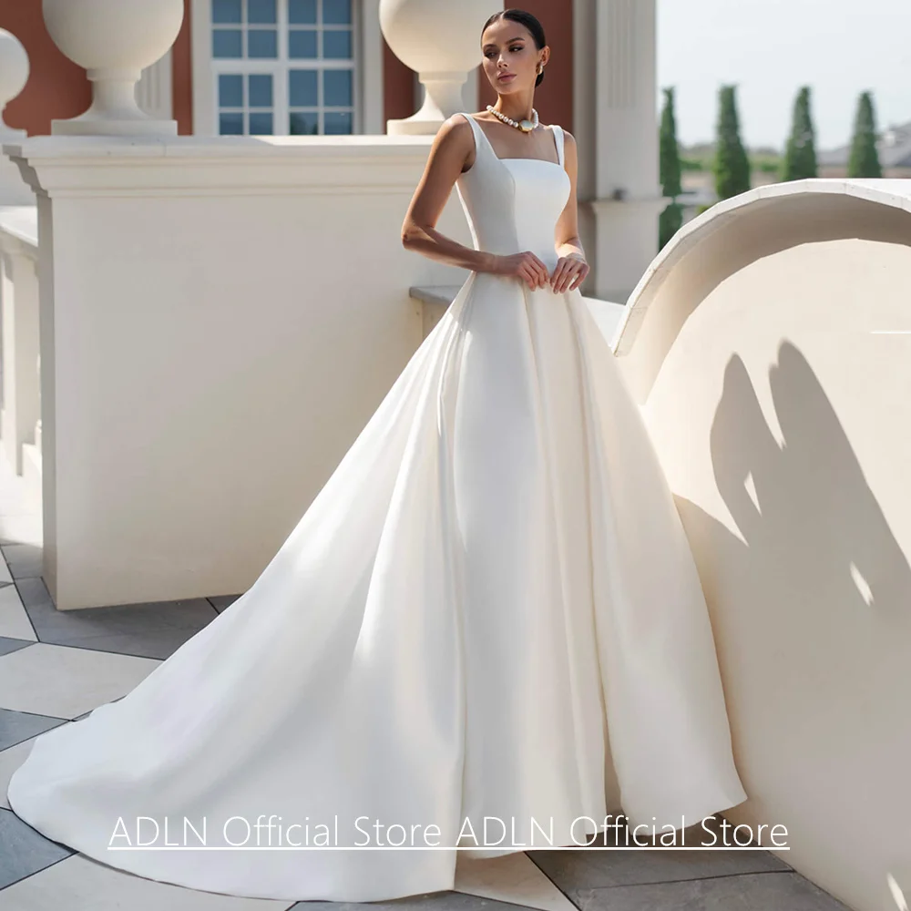 Modern Wedding Dress for Woman Bride Customized Sleeveless Square Neck Back Zipper Buttons Sweep Train A Line Bridal Gown