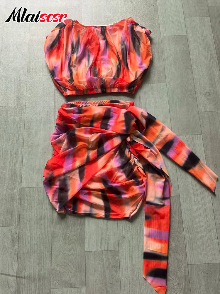 Mlaiscsr Sexy Women's Tie Dye Ruched Sleeveless Crop Top And Mini Skirt Set Night Club Beach Party Outfit 2-Piece Suit Autumn