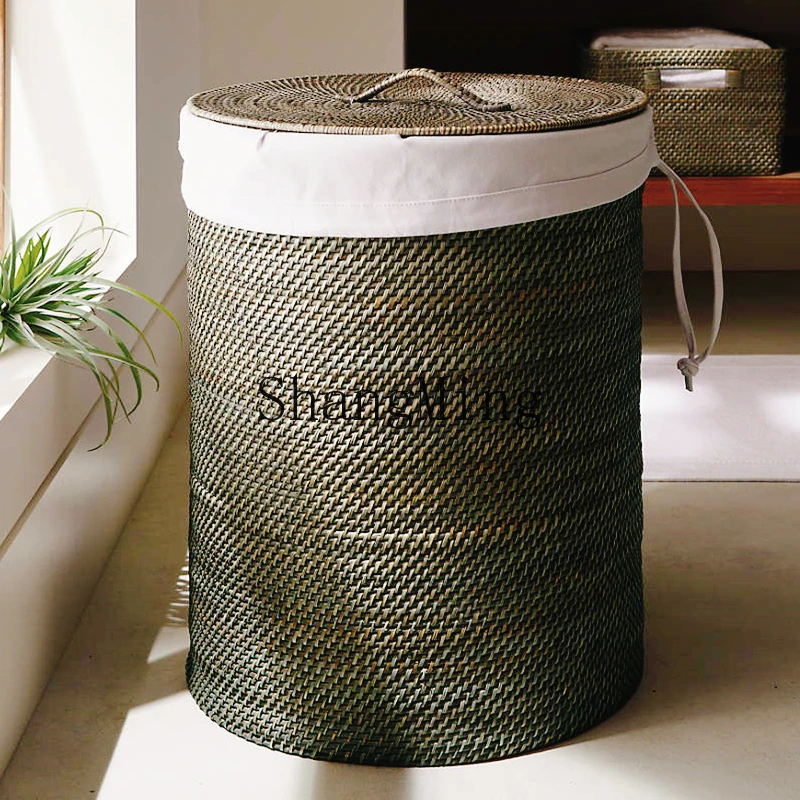

CL quality soft rattan round dirty bucket covered laundry basket large clothing storage