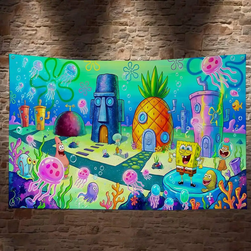 Cartoon SpongeBob Theme Cartoon Flag Wall Hanging Banner Decoration Household Home Decor