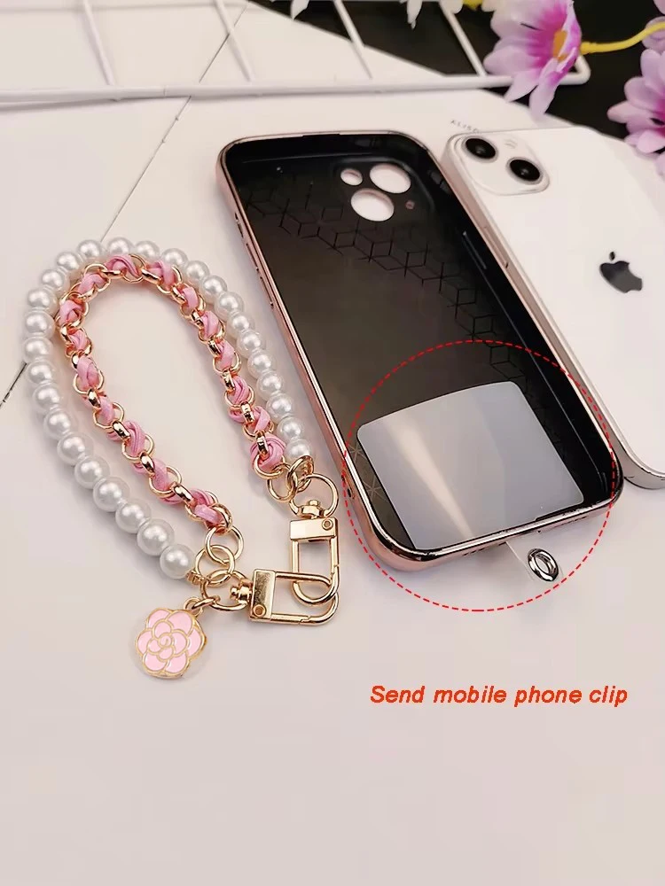 Camellia Pearl Mobile Phone Charm keychain Chain Girl Woman Cell Phone Case Fashion Pendant Key Strap Rope With Universal Clip