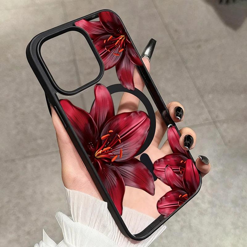 Burgunderrote Lilienblüten-Magnet-Schutzhülle für iPhone 11 12 13 14 Pro 15 16 17 Pro Max 16 Plus Air 17E 16E Stoßfeste Hülle – Detail 4