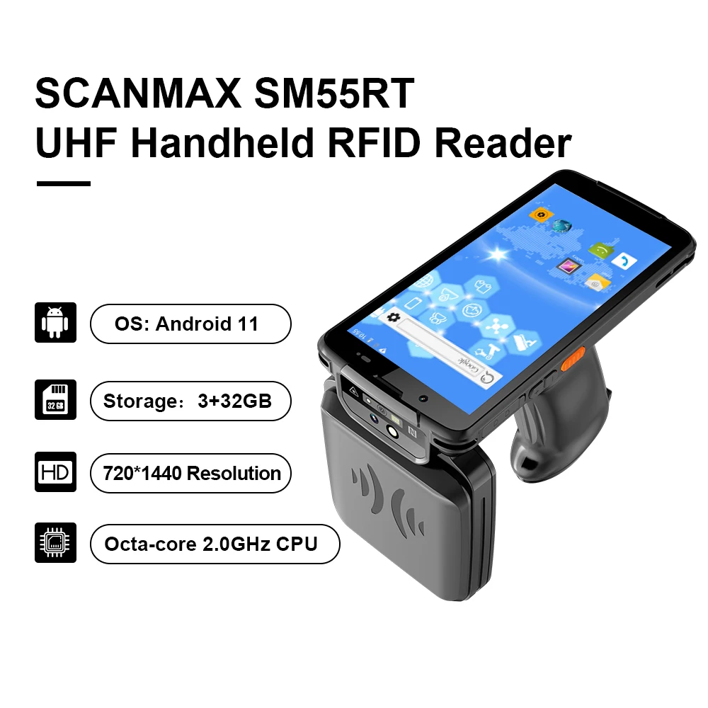 Scanmax SM55RT Android 11 lector RFID portátil de largo alcance UHF NFC huella digital escaneo 2D BT WiFi Control de acceso lectores de tarjetas