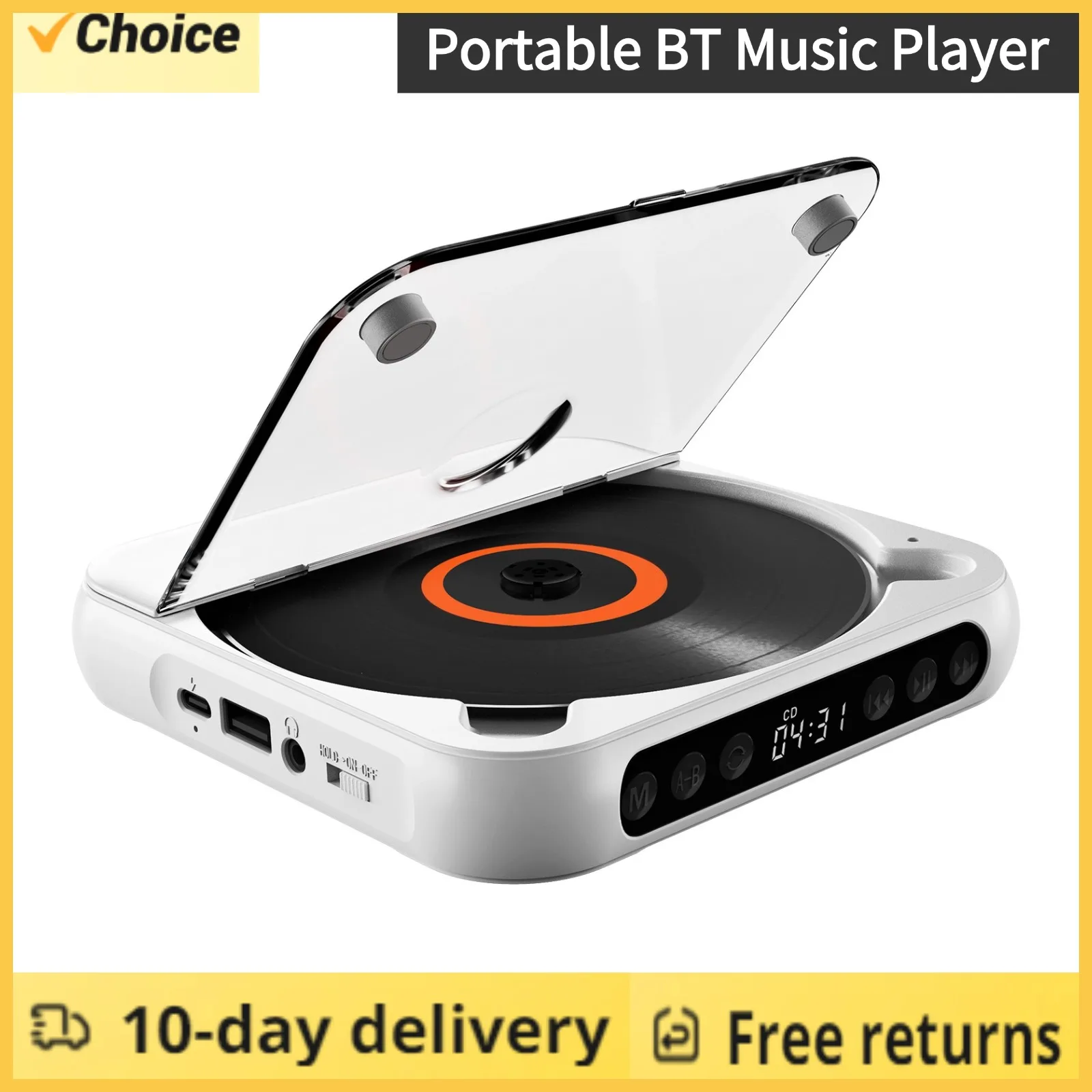 CD Player Portable BT Music Player CD Runner with Dustproof Cover 6 Modes A-B Repeat Timer Remote Control External Playback