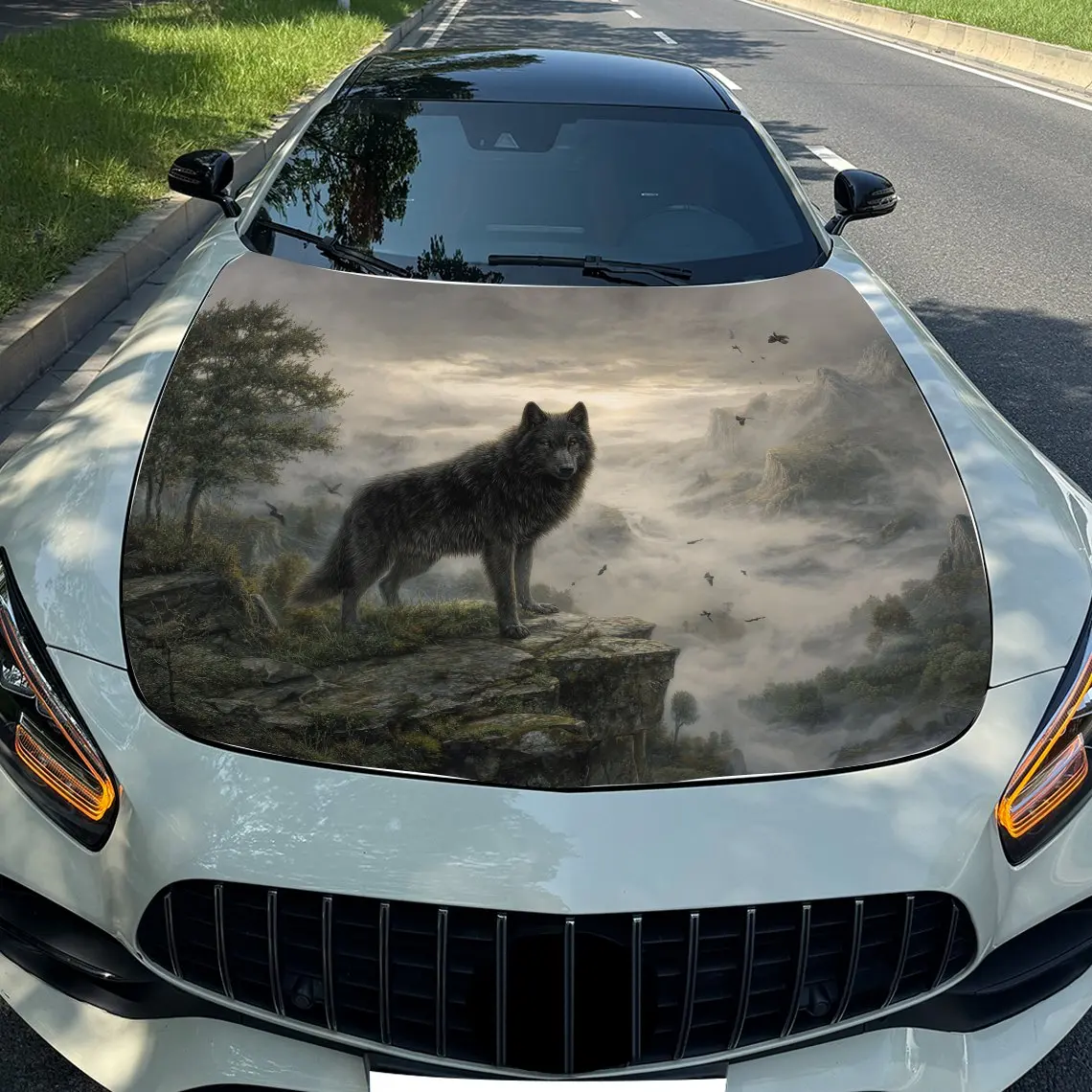 

The Black Wolf On The Cliff Car Hood Sticker PVC Self Waterproof Stick, Striking Auto Exterior Accessories Decor Protect Gift fo