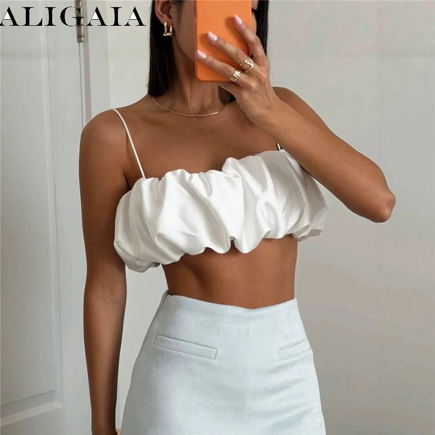2026 Summer Women Satin Puff Crop Top Spaghetti Strap Bandeau Tube Top Sexy Ruched Bustier Cami Party Clubwear Y2K Streetwear