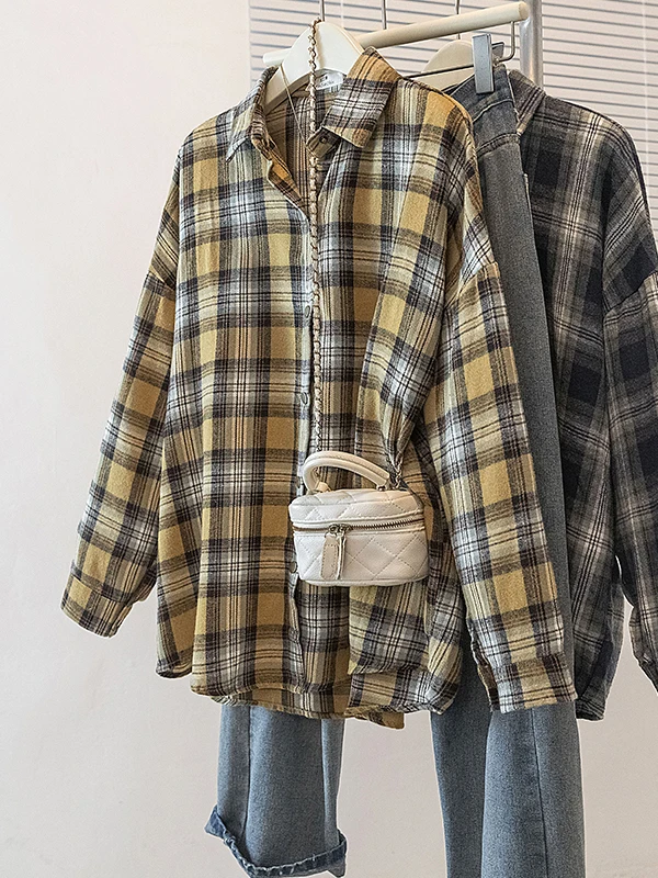 

Yellow Plaid Long Sve irt Jaet Loose Fit Korean Sle Women's Spring Autumn Outerwear Slimming Open Cardigan Top